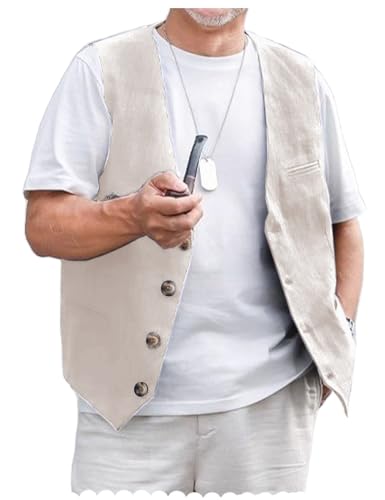 AeoTeokey Herren Leinenweste Sommer Anzug Weste Vintage Retro Weste Regular Fit(Beige,4XL) von AeoTeokey