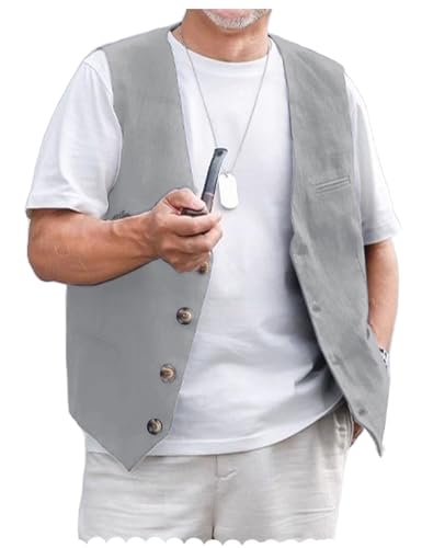AeoTeokey Herren Leinenweste Sommer Anzug Weste Vintage Retro Weste Regular Fit(Hellgrau,4XL) von AeoTeokey