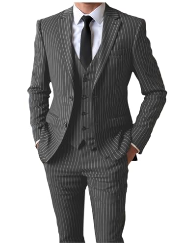 AeoTeokey Herren Nadelstreifen Anzug 3 Stück Schlanke Passform Vintage Dinner Prom Jacke für Groomsmen Hochzeit(Grau,L) von AeoTeokey