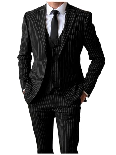 AeoTeokey Herren Nadelstreifen Anzug 3 Stück Schlanke Passform Vintage Dinner Prom Jacke für Groomsmen Hochzeit(Schwarz,M) von AeoTeokey