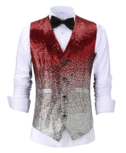 AeoTeokey Herren Pailletten Anzug Weste Gradient Farbe Abend Party Kleid Weste für Hochzeit Groomsmen(Burgundisch,XS) von AeoTeokey