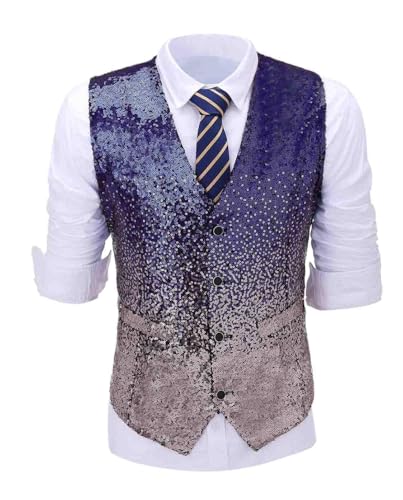 AeoTeokey Herren Pailletten Anzug Weste Gradient Farbe Abend Party Kleid Weste für Hochzeit Groomsmen(Marinegold,XS) von AeoTeokey