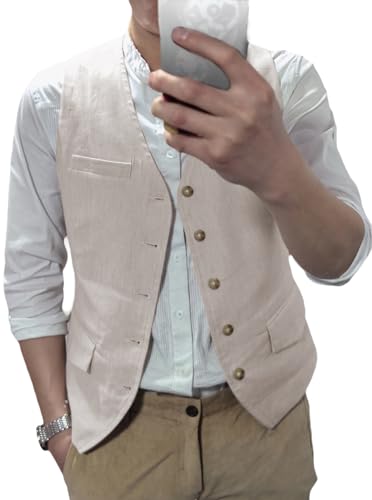 AeoTeokey Herren Sommer Leinenweste Anzug Weste Freizeit Party Weste Regular Fit(Beige,XL) von AeoTeokey