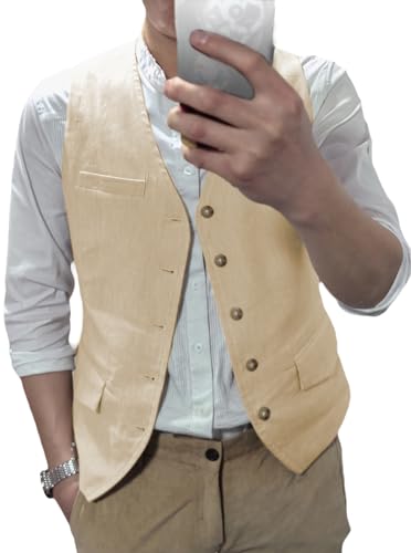 AeoTeokey Herren Sommer Leinenweste Anzug Weste Freizeit Party Weste Regular Fit(Champagner,XL) von AeoTeokey