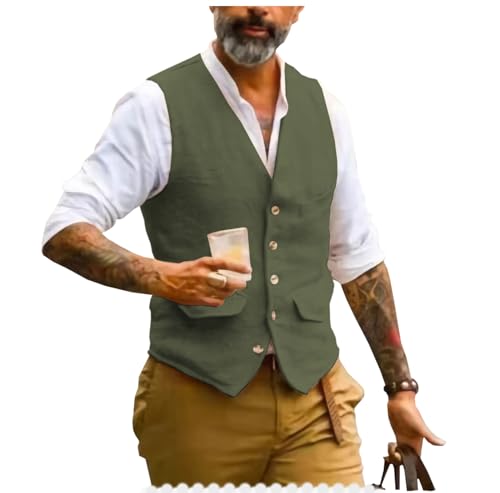 AeoTeokey Herren Sommer Leinenweste Anzug Weste V-Ausschnitt Vintage Formal Mode Weste Regular Fit(Armeegrün,3XL) von AeoTeokey