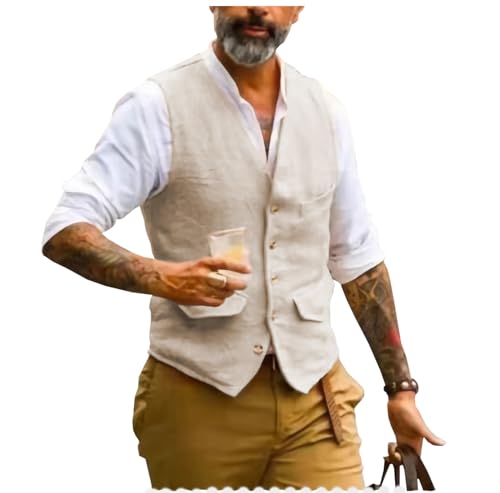 AeoTeokey Herren Sommer Leinenweste Anzug Weste V-Ausschnitt Vintage Formal Mode Weste Regular Fit(Beige,M) von AeoTeokey