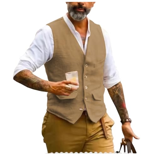 AeoTeokey Herren Sommer Leinenweste Anzug Weste V-Ausschnitt Vintage Formal Mode Weste Regular Fit(Braun,XXL) von AeoTeokey