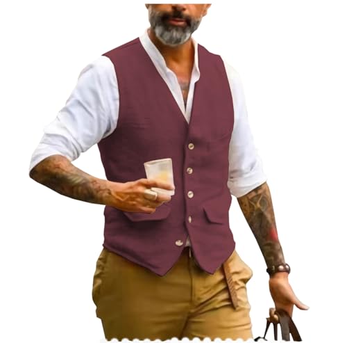 AeoTeokey Herren Sommer Leinenweste Anzug Weste V-Ausschnitt Vintage Formal Mode Weste Regular Fit(Burgundisch,XS) von AeoTeokey