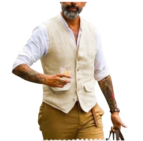 AeoTeokey Herren Sommer Leinenweste Anzug Weste V-Ausschnitt Vintage Formal Mode Weste Regular Fit(Champagner,S) von AeoTeokey