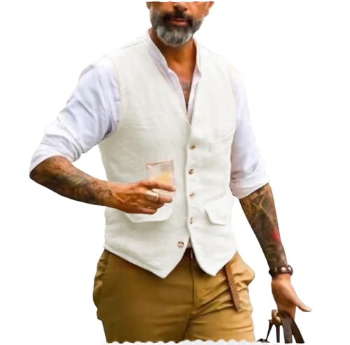 AeoTeokey Herren Sommer Leinenweste Anzug Weste V-Ausschnitt Vintage Formal Mode Weste Regular Fit(Elfenbein,4XL) von AeoTeokey
