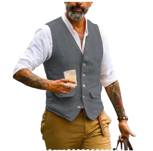 AeoTeokey Herren Sommer Leinenweste Anzug Weste V-Ausschnitt Vintage Formal Mode Weste Regular Fit(Grau,XS) von AeoTeokey
