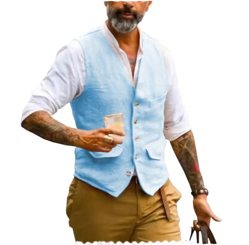AeoTeokey Herren Sommer Leinenweste Anzug Weste V-Ausschnitt Vintage Formal Mode Weste Regular Fit(Hellblau,L) von AeoTeokey
