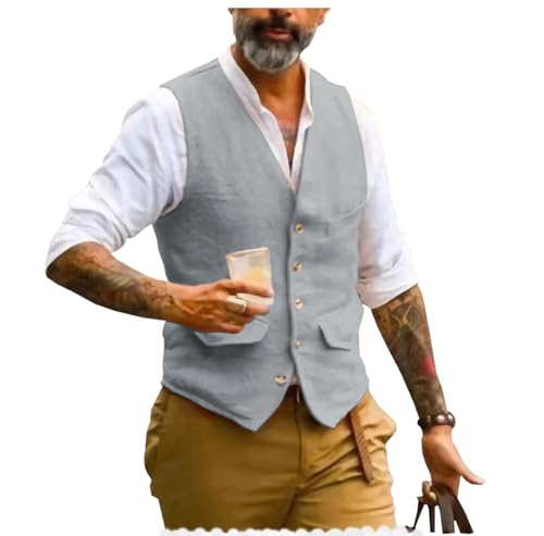 AeoTeokey Herren Sommer Leinenweste Anzug Weste V-Ausschnitt Vintage Formal Mode Weste Regular Fit(Hellgrau,XL) von AeoTeokey