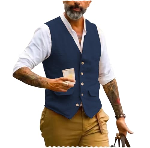 AeoTeokey Herren Sommer Leinenweste Anzug Weste V-Ausschnitt Vintage Formal Mode Weste Regular Fit(Marine,M) von AeoTeokey
