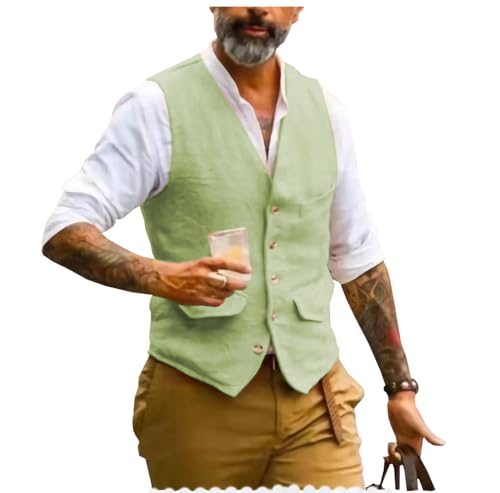 AeoTeokey Herren Sommer Leinenweste Anzug Weste V-Ausschnitt Vintage Formal Mode Weste Regular Fit(Mint Grün,M) von AeoTeokey