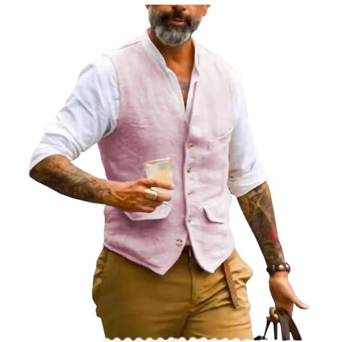 AeoTeokey Herren Sommer Leinenweste Anzug Weste V-Ausschnitt Vintage Formal Mode Weste Regular Fit(Rosa,XXL) von AeoTeokey