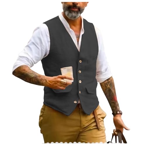 AeoTeokey Herren Sommer Leinenweste Anzug Weste V-Ausschnitt Vintage Formal Mode Weste Regular Fit(Schwarz,L) von AeoTeokey