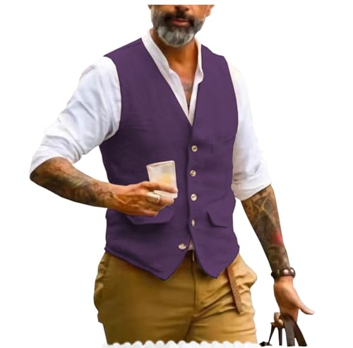 AeoTeokey Herren Sommer Leinenweste Anzug Weste V-Ausschnitt Vintage Formal Mode Weste Regular Fit(Violett,XL) von AeoTeokey