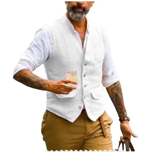 AeoTeokey Herren Sommer Leinenweste Anzug Weste V-Ausschnitt Vintage Formal Mode Weste Regular Fit(Weiß,M) von AeoTeokey