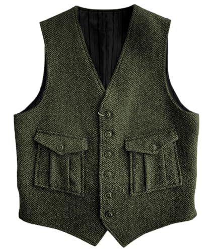 Herren Tweed Anzug Weste Retro V Hals Herringbone Wolle Weste für Groomsman (Armeegrün,XL) von AeoTeokey