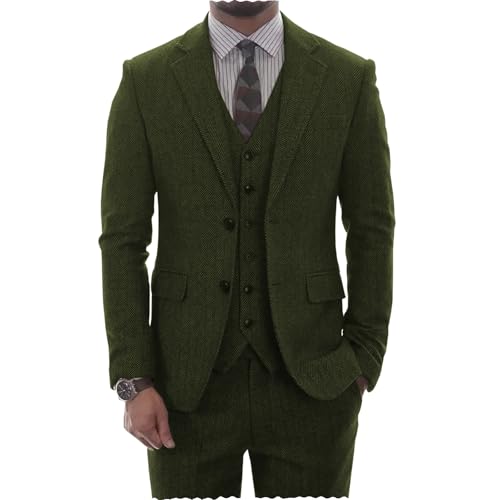 AeoTeokey Herren Tweed Herringbone Anzug Vintage Tailored Modern Fit Anzug 3 Stück Vent Smokings(Armeegrün,L) von AeoTeokey