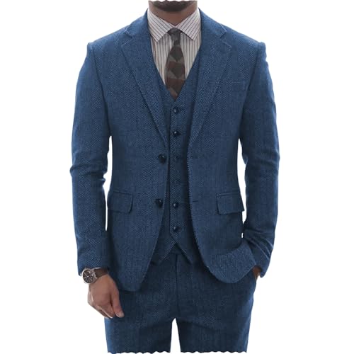 AeoTeokey Herren Tweed Herringbone Anzug Vintage Tailored Modern Fit Anzug 3 Stück Vent Smokings(Blau,L) von AeoTeokey
