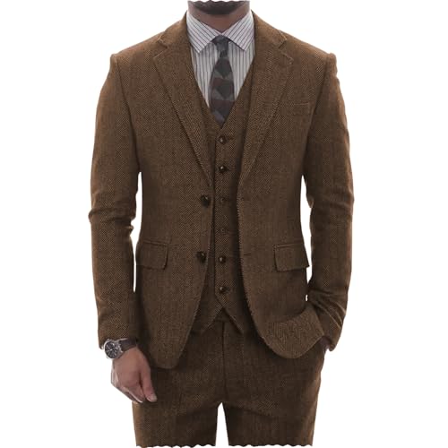 AeoTeokey Herren Tweed Herringbone Anzug Vintage Tailored Modern Fit Anzug 3 Stück Vent Smokings(Braun,XL) von AeoTeokey