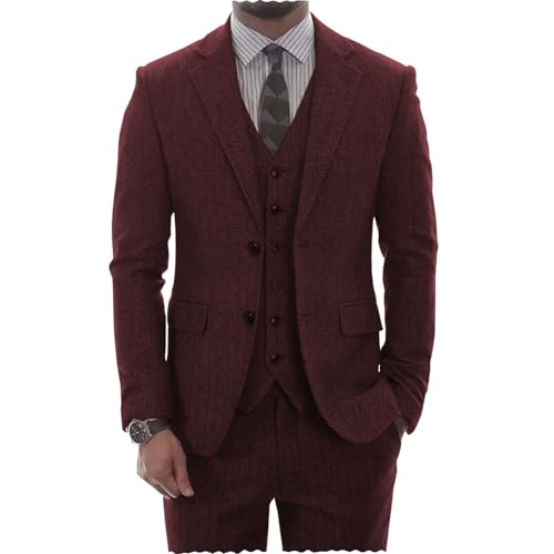 AeoTeokey Herren Tweed Herringbone Anzug Vintage Tailored Modern Fit Anzug 3 Stück Vent Smokings(Burgundisch,L) von AeoTeokey