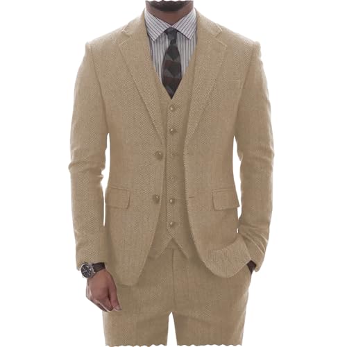 AeoTeokey Herren Tweed Herringbone Anzug Vintage Tailored Modern Fit Anzug 3 Stück Vent Smokings(Champagner,M) von AeoTeokey