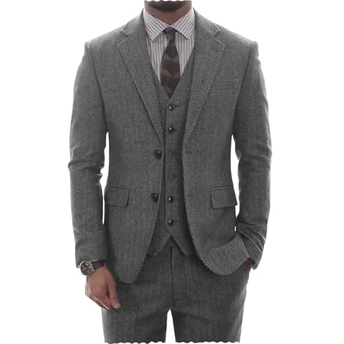 AeoTeokey Herren Tweed Herringbone Anzug Vintage Tailored Modern Fit Anzug 3 Stück Vent Smokings(Grau,L) von AeoTeokey