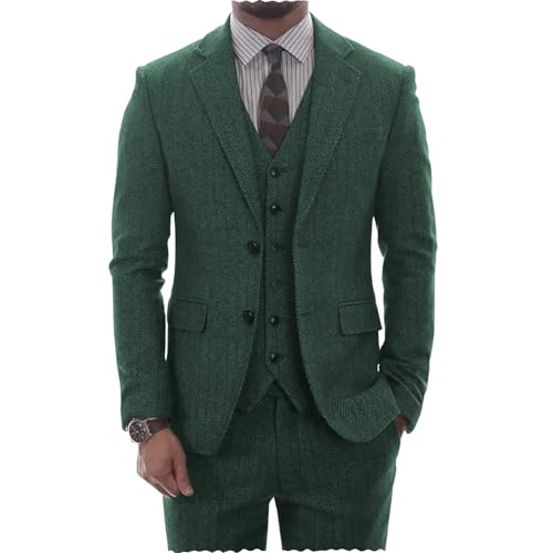 AeoTeokey Herren Tweed Herringbone Anzug Vintage Tailored Modern Fit Anzug 3 Stück Vent Smokings(Hunt Grün,S) von AeoTeokey