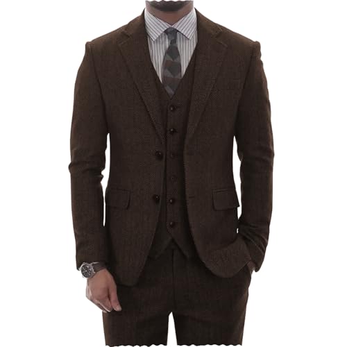 AeoTeokey Herren Tweed Herringbone Anzug Vintage Tailored Modern Fit Anzug 3 Stück Vent Smokings(Kaffee,L) von AeoTeokey