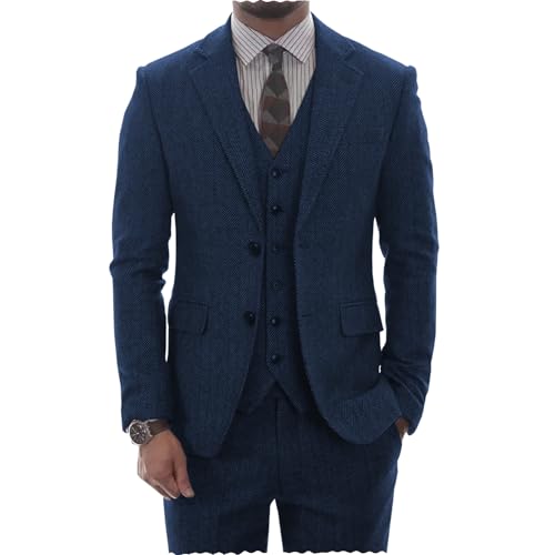 AeoTeokey Herren Tweed Herringbone Anzug Vintage Tailored Modern Fit Anzug 3 Stück Vent Smokings(Marine,XS) von AeoTeokey