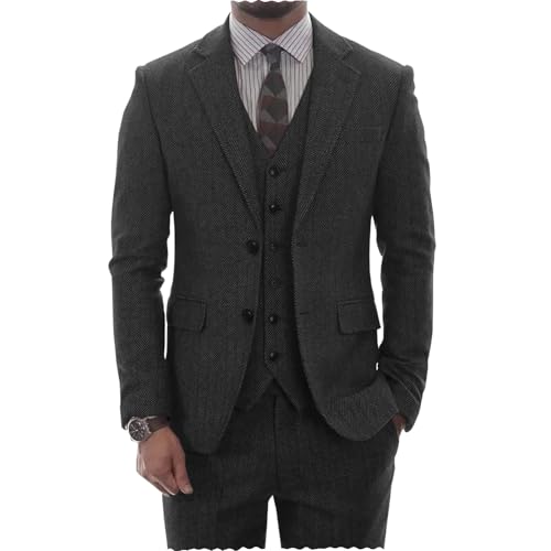 AeoTeokey Herren Tweed Herringbone Anzug Vintage Tailored Modern Fit Anzug 3 Stück Vent Smokings(Schwarz,M) von AeoTeokey