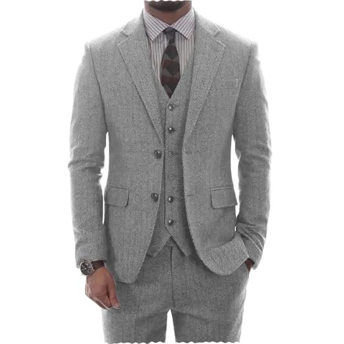 AeoTeokey Herren Tweed Herringbone Anzug Vintage Tailored Modern Fit Anzug 3 Stück Vent Smokings(Silber,M) von AeoTeokey