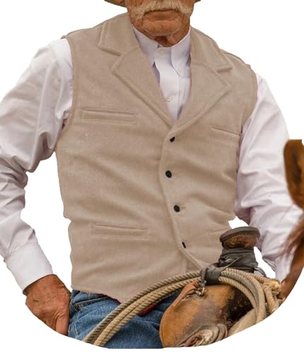 Herren Tweed Western Weste lässig Herringbone Wolle Slim Fit Notch Revers Weste (Champagne,4XL) von AeoTeokey