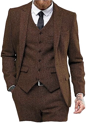 AeoTeokey Herren Vintage Anzug 3 Stück Tweed Herringbone Prom Smokings Blazer Spitze Revers Trauzeugen(Braun,5XL) von AeoTeokey