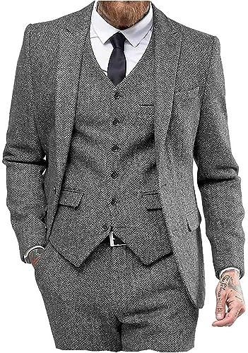 AeoTeokey Herren Vintage Anzug 3 Stück Tweed Herringbone Prom Smokings Blazer Spitze Revers Trauzeugen(Grau,M) von AeoTeokey