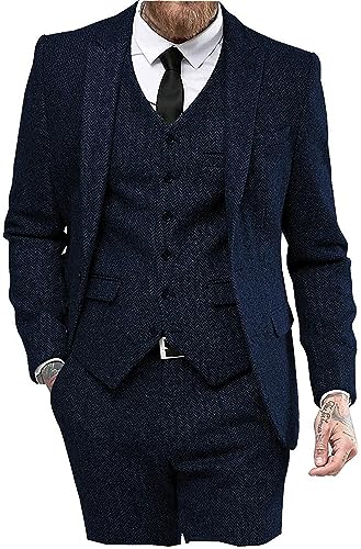 AeoTeokey Herren Vintage Anzug 3 Stück Tweed Herringbone Prom Smokings Blazer Spitze Revers Trauzeugen(Marine,5XL) von AeoTeokey