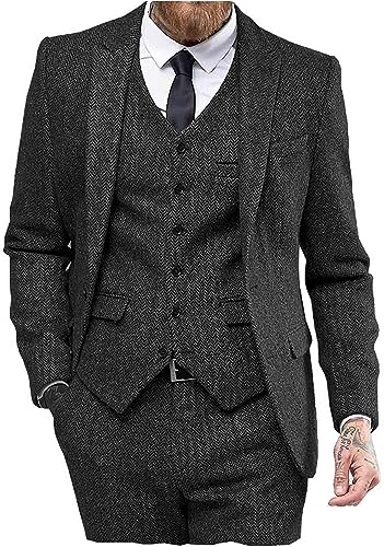 AeoTeokey Herren Vintage Anzug 3 Stück Tweed Herringbone Prom Smokings Blazer Spitze Revers Trauzeugen(Schwarz,L) von AeoTeokey