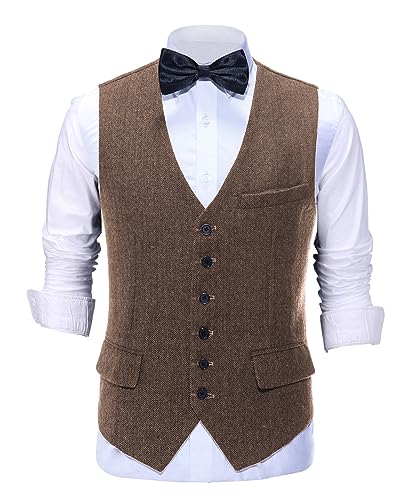 AeoTeokey Herren Vintage Anzug Weste Tweed Wolle Klassisch Formal Weste Herringbone für Jacke (Braun,4XL) von AeoTeokey