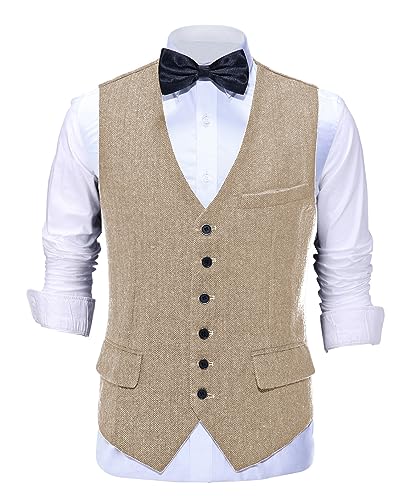 AeoTeokey Herren Vintage Anzug Weste Tweed Wolle Klassisch Formal Weste Herringbone für Jacke (Champagne,4XL) von AeoTeokey