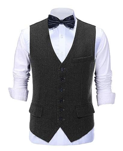 AeoTeokey Herren Vintage Anzug Weste Tweed Wolle Klassisch Formal Weste Herringbone für Jacke (Schwarz,XXL) von AeoTeokey