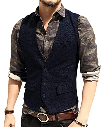 AeoTeokey Herren Wolle Herringbone Tweed Lässig Weste Business Anzug Weste Slim-Fit (Marine,XXL) von AeoTeokey