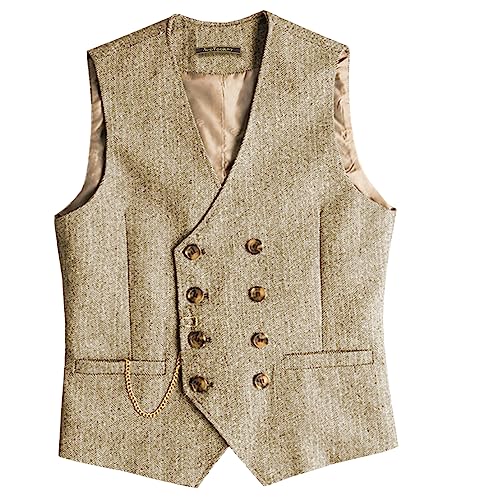 AeoTeokey Herren klassisch Wolle Tweed Anzug Weste lässig Vintage ärmellos Fischgrät Weste für Hochzeit (Champagne,XL) von AeoTeokey