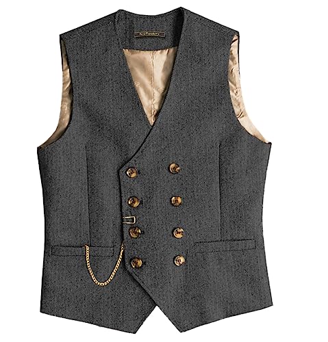 AeoTeokey Herren klassisch Wolle Tweed Anzug Weste lässig Vintage ärmellos Fischgrät Weste für Hochzeit (Schwarz,XL) von AeoTeokey