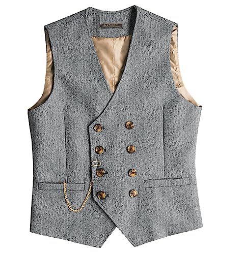 AeoTeokey Herren klassisch Wolle Tweed Anzug Weste lässig Vintage ärmellos Fischgrät Weste für Hochzeit (Silber,M) von AeoTeokey