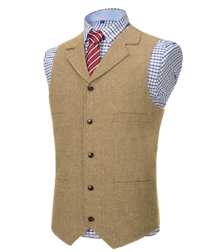AeoTeokey Herren klassisch Wolle Tweed Anzug Weste lässig ärmellos Jacke Herringbone Weste für Smokings (Champagne,M) von AeoTeokey