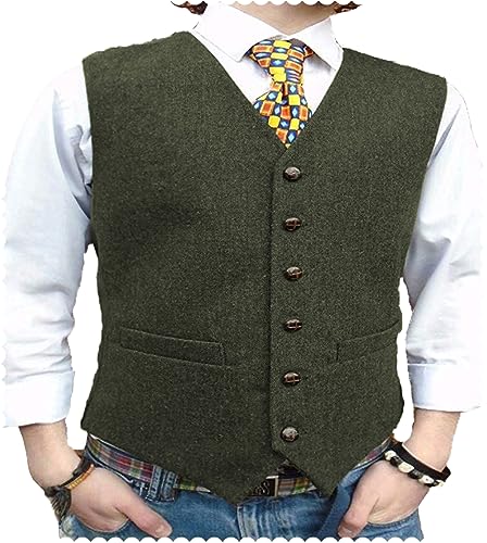 AeoTeokey Herrenanzug Tweed Weste Herringbone Klassisch Formell Smoking Weste Wolle Groomsmen (Armeegrün,L) von AeoTeokey