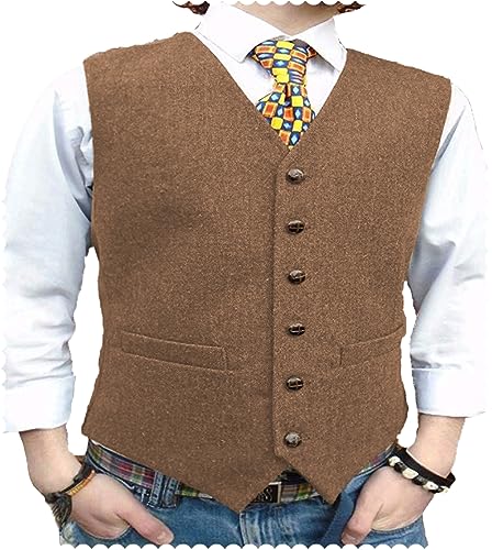 AeoTeokey Herrenanzug Tweed Weste Herringbone Klassisch Formell Smoking Weste Wolle Groomsmen (Braun,4XL) von AeoTeokey